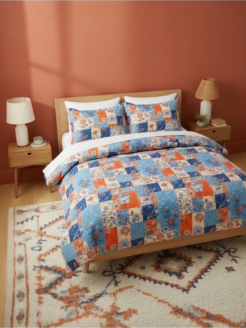 NEW Anthro Colorful Boho Patchwork Floral Queen King Comforter Bedding Sham Set